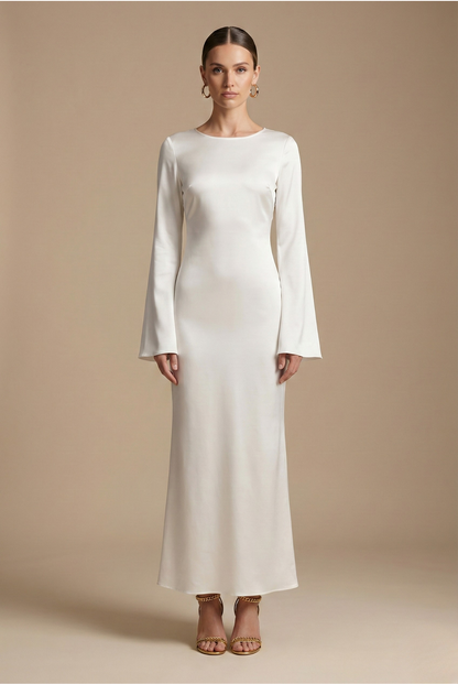 Cream satin maxi dress with long sleeves and round neckline, fitted column silhouette