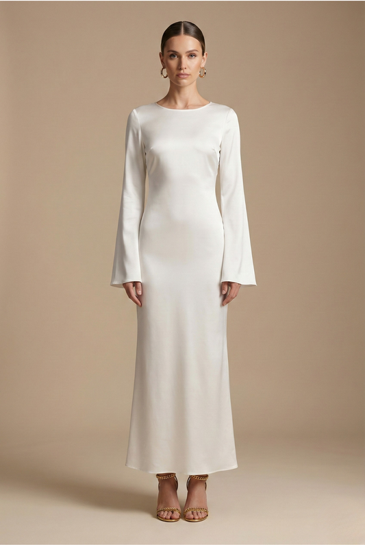 Cream satin maxi dress with long sleeves and round neckline, fitted column silhouette