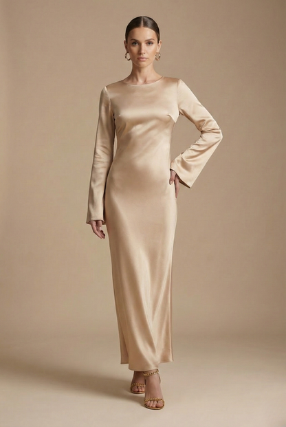 Sand satin maxi dress with long sleeves and round neckline, fitted column silhouette