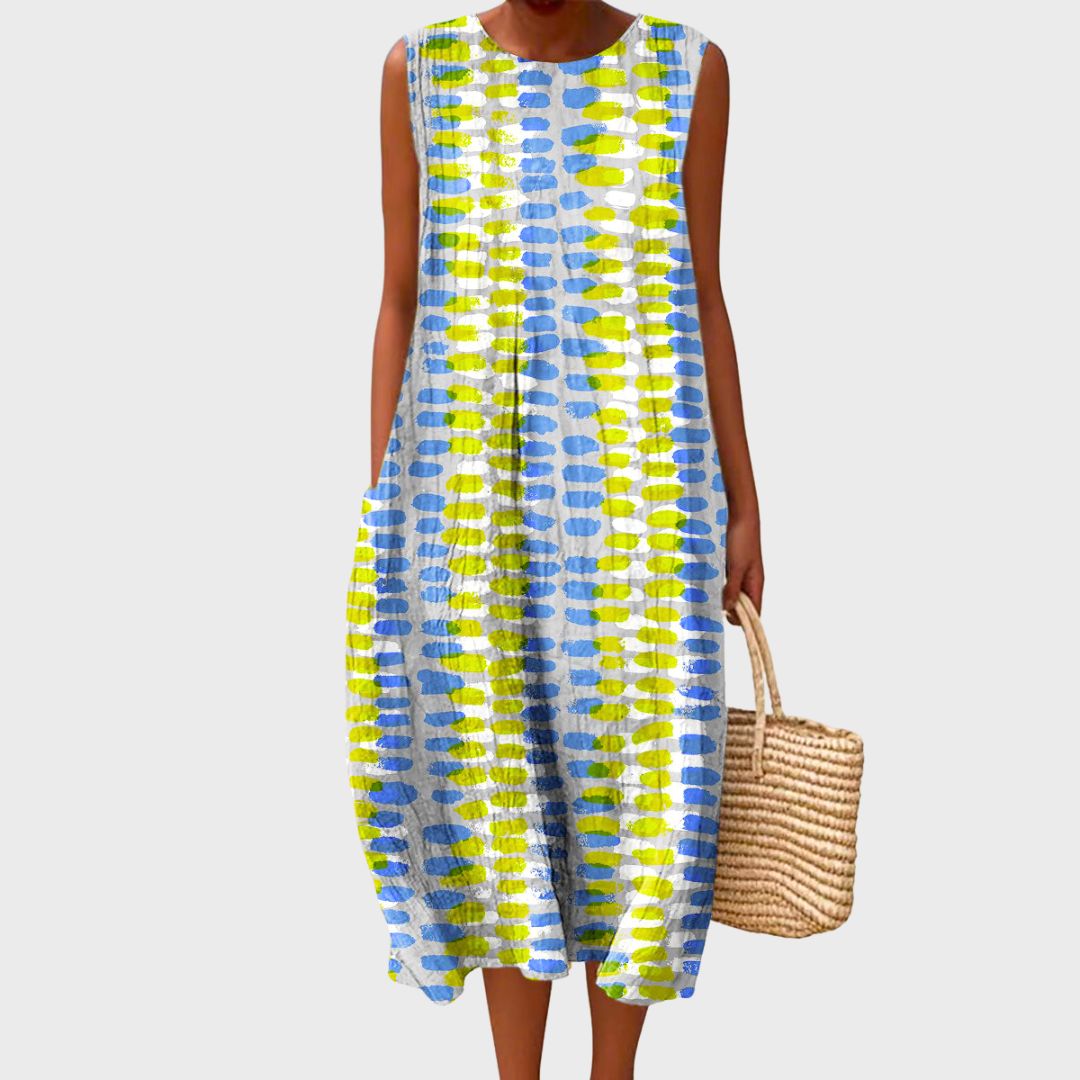 Knee-length sleeveless dress with blue and neon yellow abstract oval pattern