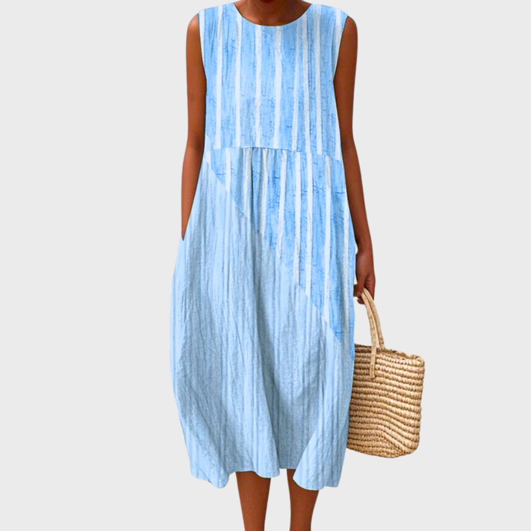 Light blue vertical striped knee-length sleeveless dress with tiered waist