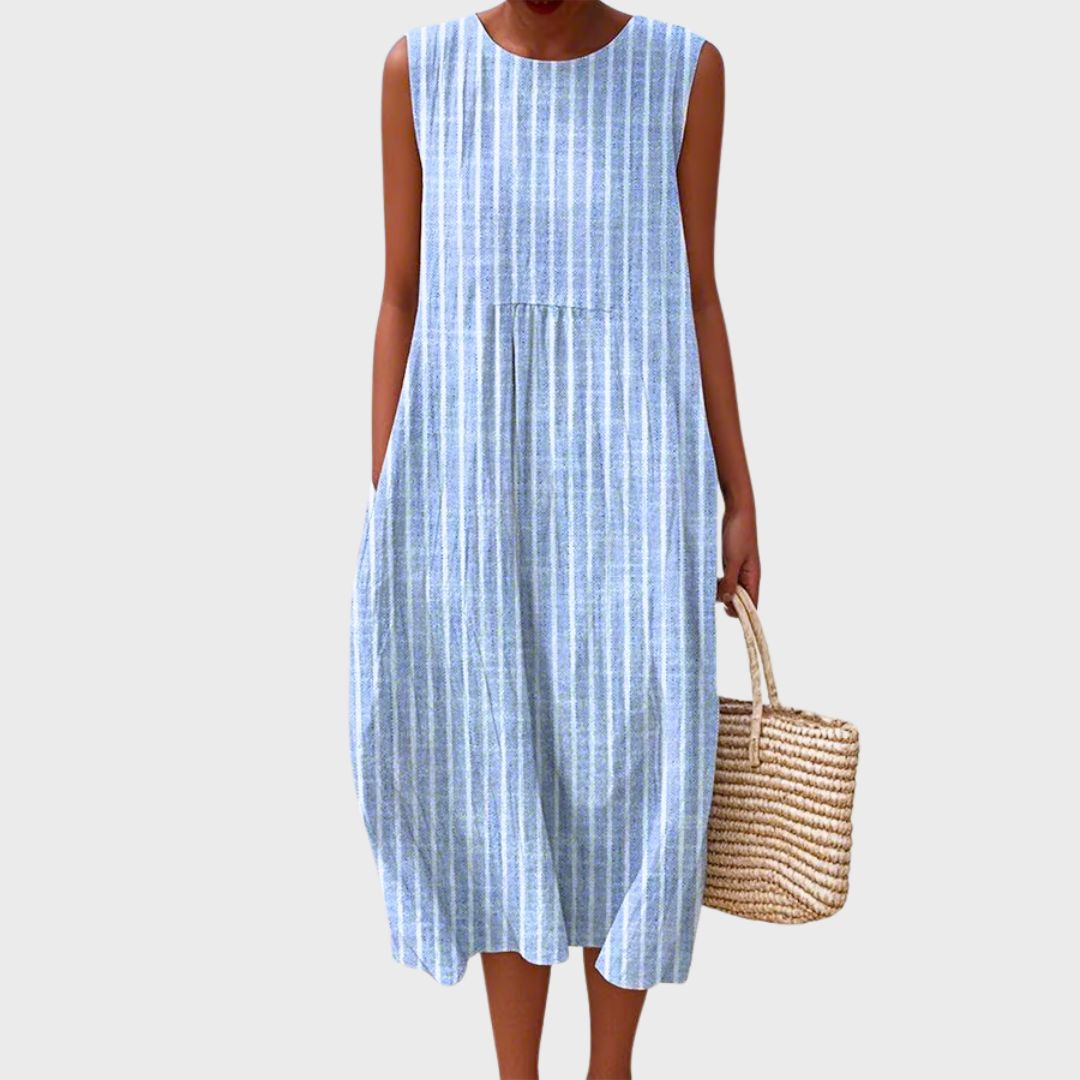 Light blue striped knee-length sleeveless dress with gathered skirt