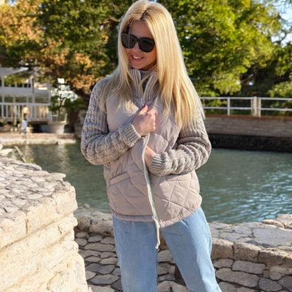 Padded Jacket with Knitted Sleeves and High Collar