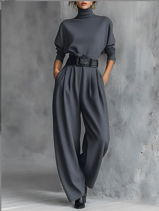 Maria | Turtleneck Top and Straight-Leg Pants Set (Belt Included)