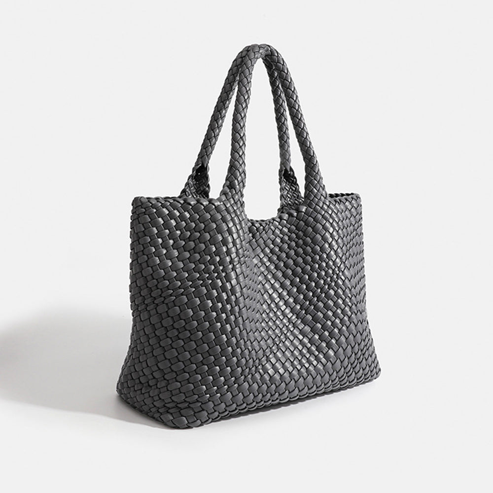 Dark gray woven tote bag with top handles and textured basket-weave fabric
