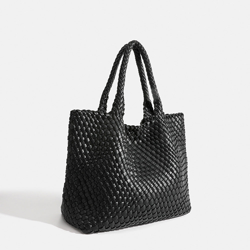 Black woven tote bag with top handles and textured basket-weave fabric