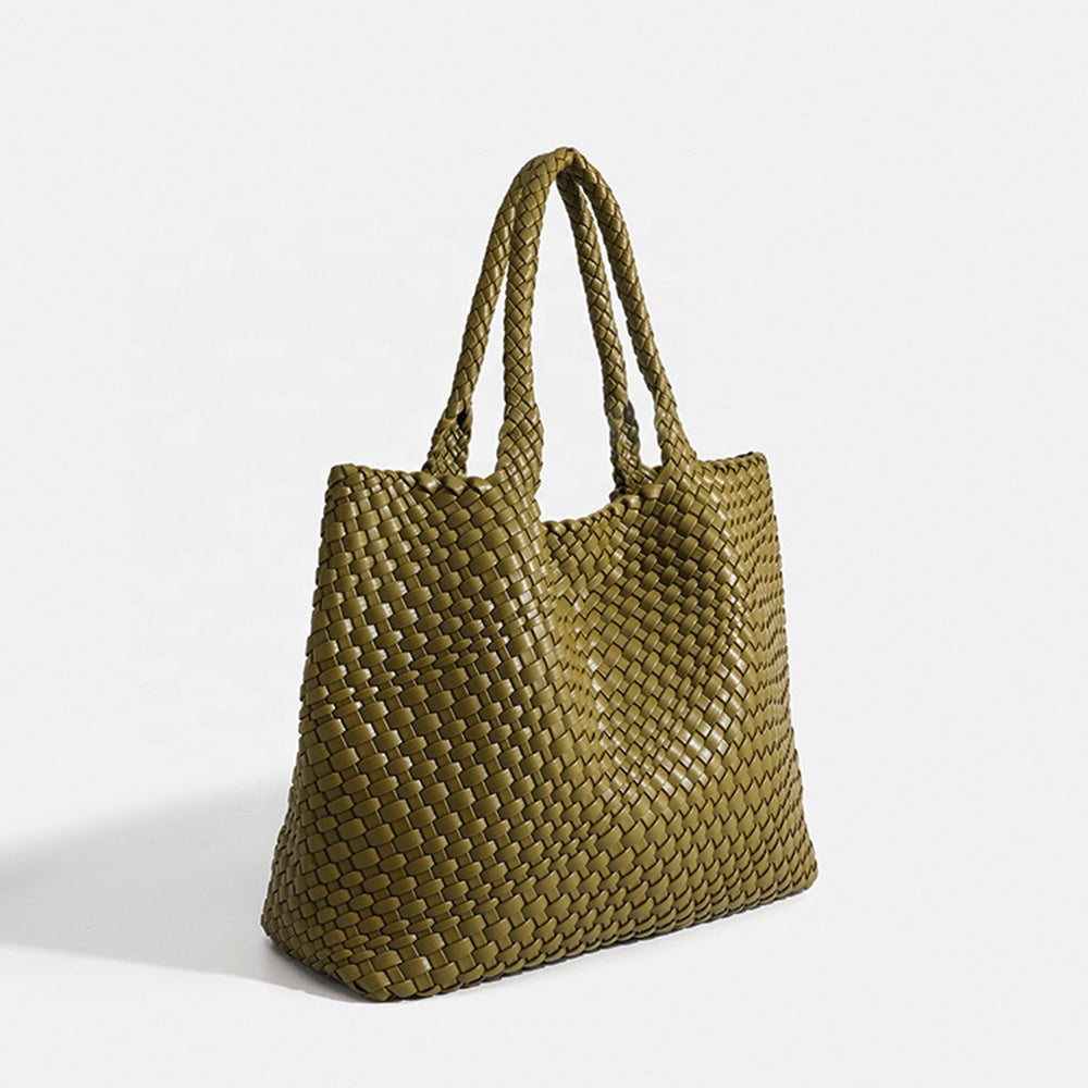 Olive woven tote bag with top handles and textured basket-weave fabric
