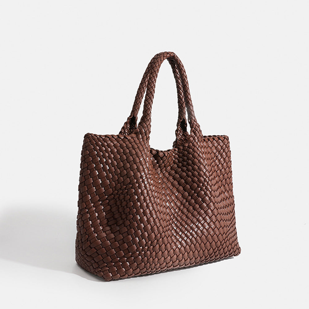 Rust-brown woven tote bag with top handles and textured basket-weave fabric