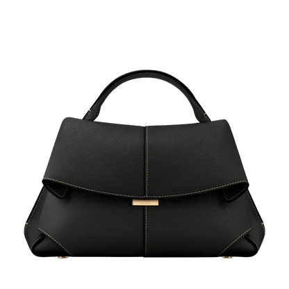 Black vegan leather handbag with short handles and front flap gold clasp