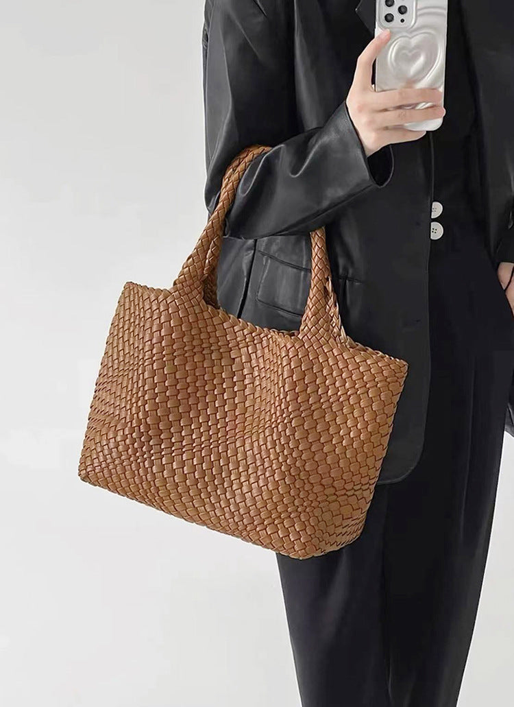 Coffee brown woven tote bag with wide flat handles