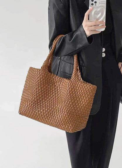 Coffee brown woven tote bag with wide flat handles