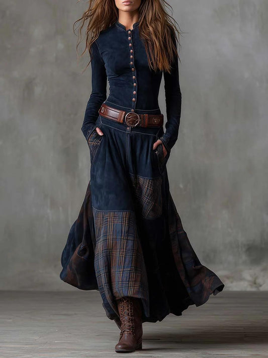 Leonora | Vintage Long Dress in Navy Blue Suede Check (Includes Belt)