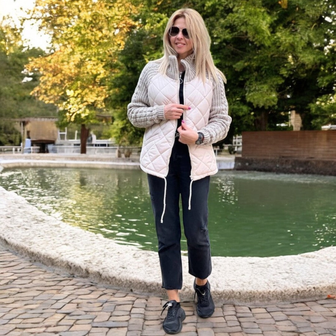 Padded Jacket with Knitted Sleeves and High Collar